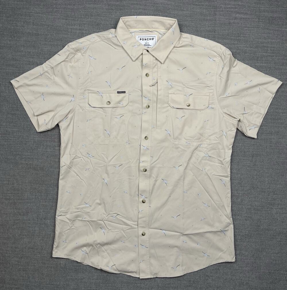 Poncho Button Up Shirt Mens Large Tan Seagull Print Short Sleeve Performance